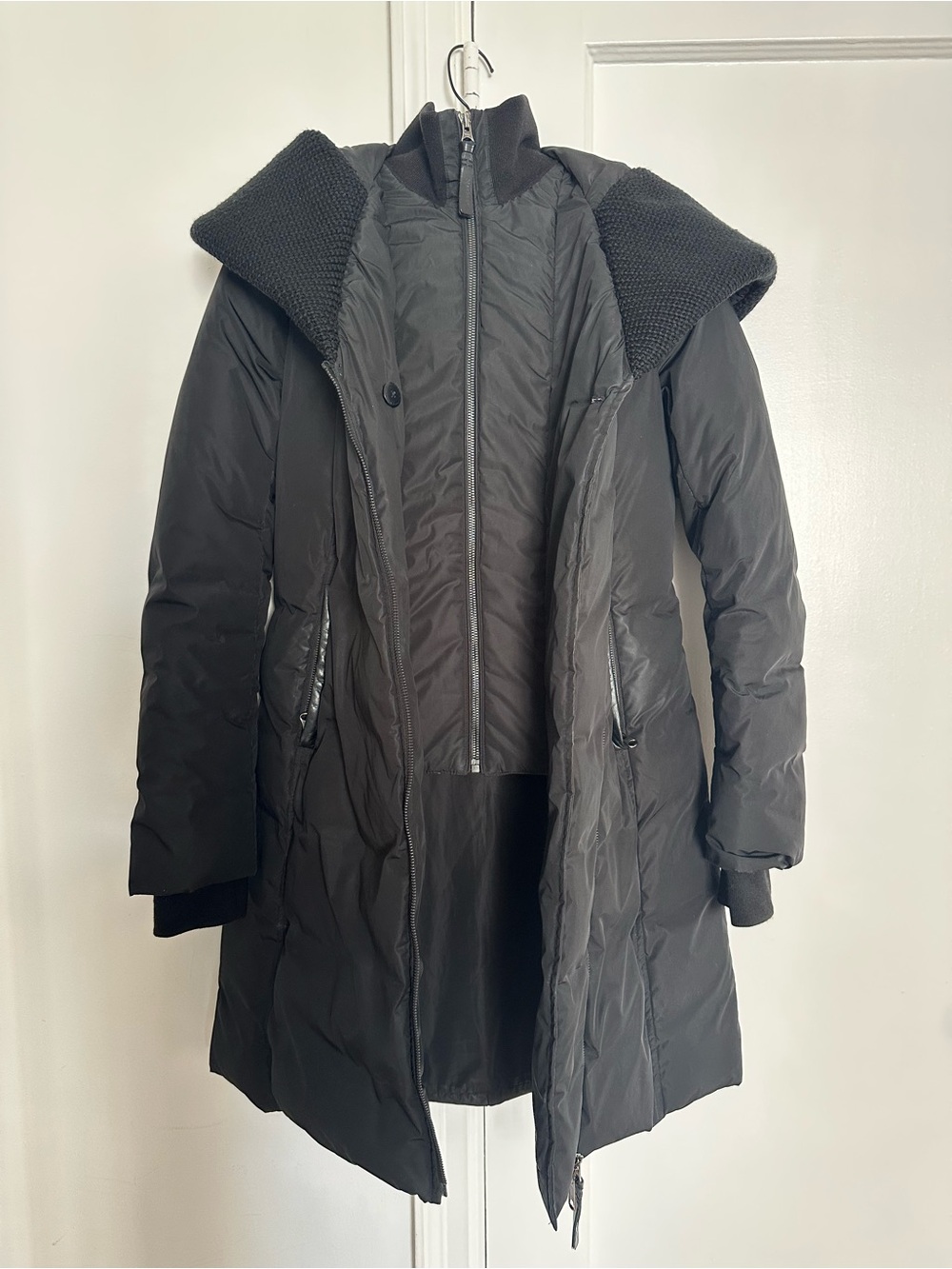 Mackage Black Long Women's Puffer Coat with Knit Collar & Hood